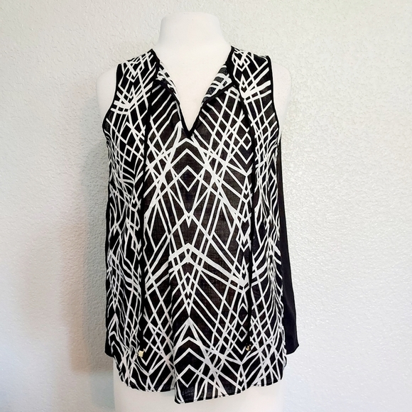 🔴3/$20 Calvin Klein Linen Black White Geometric Sleeveless Tunic Size Small - Picture 1 of 11